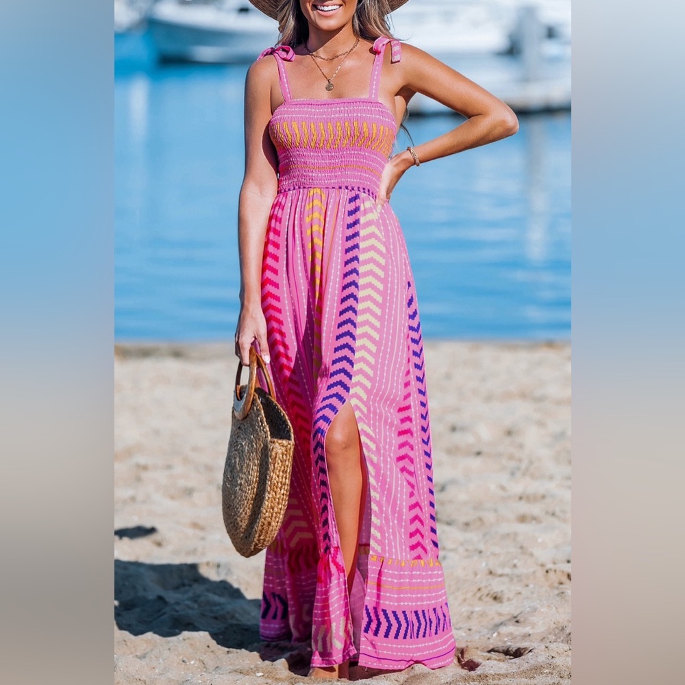 Pink Chevron Striped Self-Tie Maxi Dress